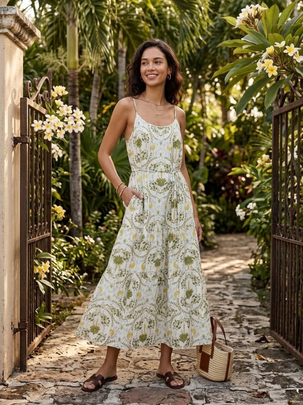 Calypso St Barth Linen Tropical Palm Tiered Maxi Dress With pockets
